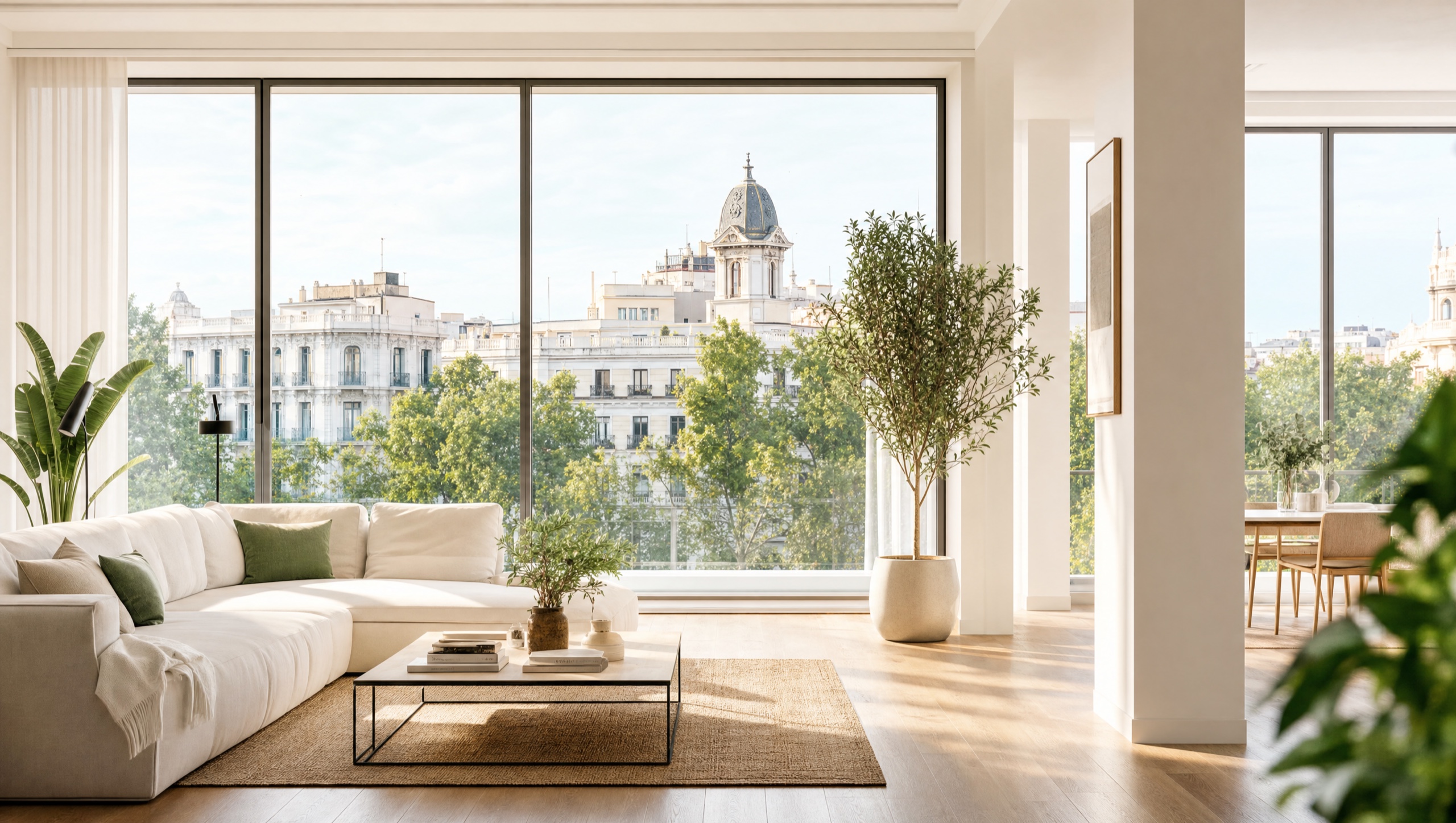 Salón luminoso de un piso en Madrid con vistas